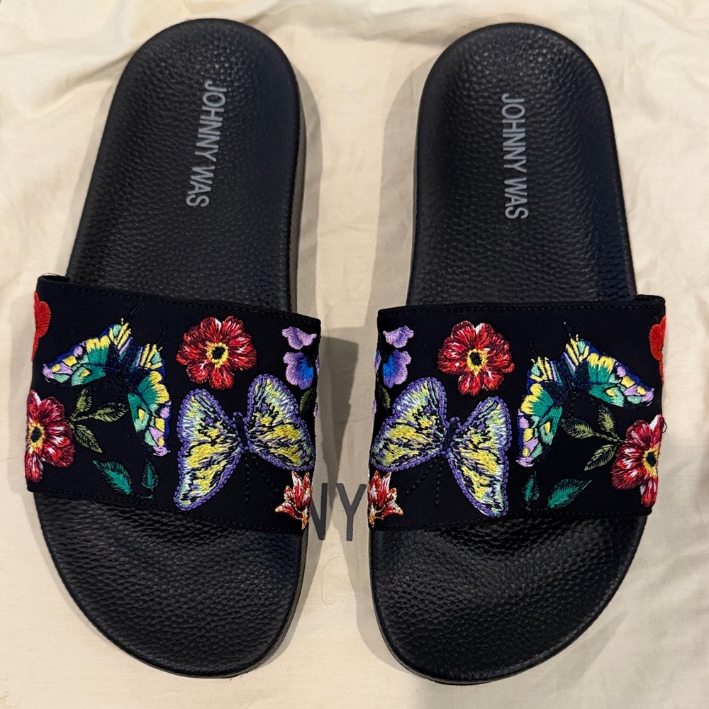Johnny Was Black Slide Sandals with Multicolor Floral & Butterfly Embroidery - Picture 2 of 4